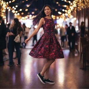 Eliza J Vibrant Pink and Black Floral Dress